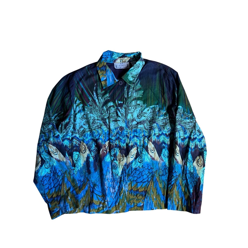 Life‎ Style Vintage XL Peacock Print Cotton Jacket Shacket Tropical Art to Wear